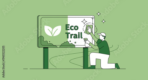 Maintaining Green Initiatives Person Cleans Eco Trail Sign With Spray Bottle