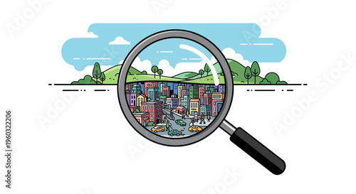 Magnifying Glass Reveals Vibrant Cityscape Under Verdant Hills