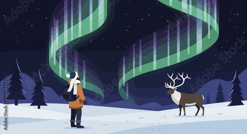 Majestic Aurora Borealis Illuminates Winter Landscape With Reindeer Companion