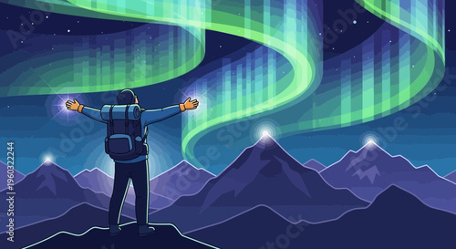 Majestic Aurora Borealis Inspires Traveler Standing High In Mountain Peaks