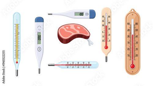 Diverse Thermometer Collection: Digital, Mercury, and Meat Probe for Medical, Food, and Ambient Temperature Measurement