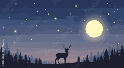 Majestic Deer Silhouetted Under A Full Moonlit Starry Sky