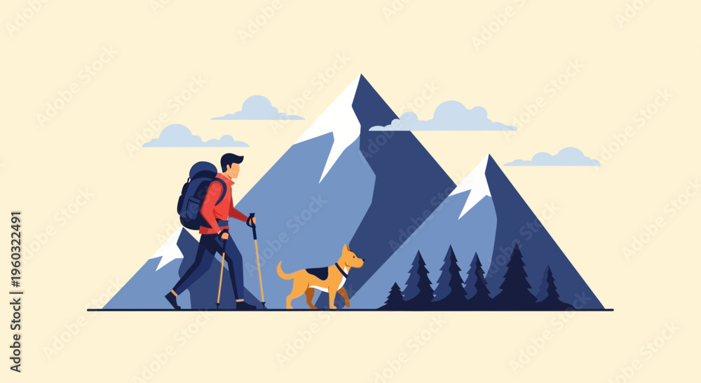 Fototapeta premium Man And Dog Hiking Through Snowy Mountain Landscape