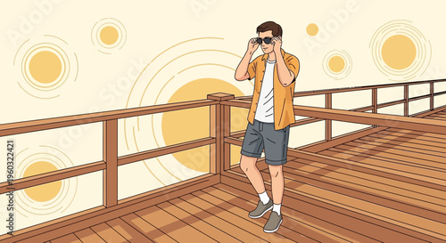 Man Adjusting Sunglasses On Sunny Boardwalk