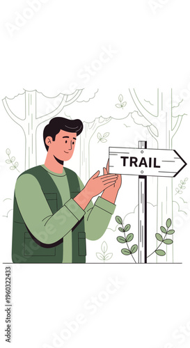 Man Adjusting Trail Sign In Forest Setting Outdoor Adventure Guidance