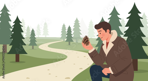 Man Admiring A Pinecone In A Serene Forest Path