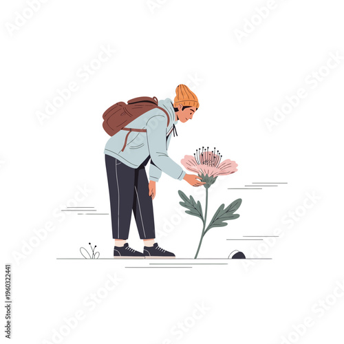 Man Admiring Delicate Flower in Minimalist Outdoor Setting