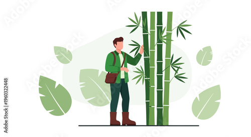 Man Appreciates Towering Bamboo Forest Outdoors