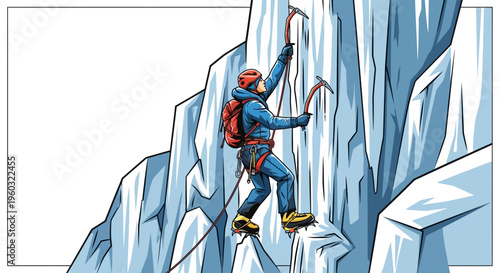 Man Ascending Frozen Waterfall With Ice Axe And Ropes