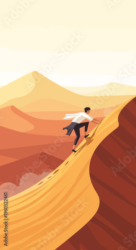 Man Ascending Desert Dune Towards Golden Horizon Symbolizing Ambition