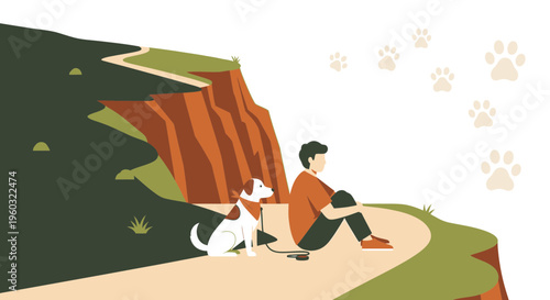 Man And Dog Contemplating Scenic Cliffside Vista Together