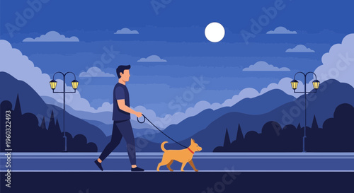 Man And Dog Walk Under The Moonlight Landscape