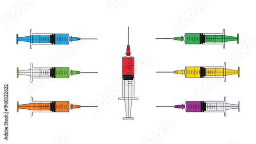 Colorful Medical Syringes with Different Colored Liquids and Needles. Vector Illustration for Healthcare and Vaccination.