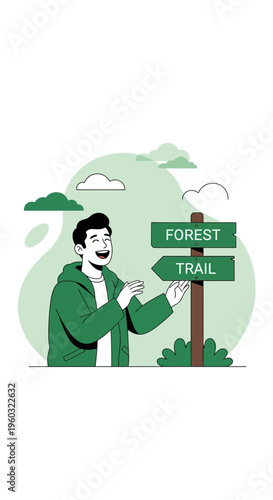 Man At Crossroads Deciding Between Forest And Trail Adventure