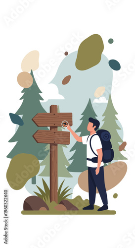 Man At Crossroads Signpost Exploring Wilderness Adventure