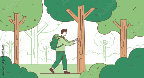 Man Backpacking Exploring Lush Forest Nature Serene Outdoors Adventure