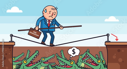 Man Balancing On Tightrope Over Alligators With Risk Management Briefcase