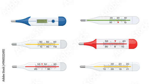 Medical Thermometers Set: Digital and Analog for Body Temperature, Health, and Fever Measurement. Flat Vector Illustration.