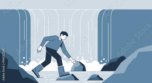 Man Bravely Navigates Rocky Terrain Near Majestic Waterfall