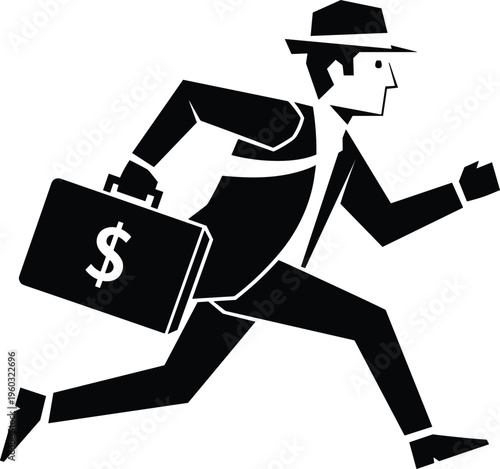 Businessman running with dollar briefcase silhouette, financial urgency concept, money escape vector art, corporate thief symbol, finance rush illustration, economic crime metaphor
