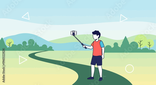 Man Capturing Scenic Landscape With Selfie Stick Modern Travel Photography