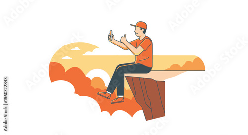 Man Capturing Scenic View From Cliff Edge With Smartphone