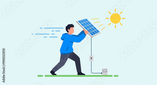 Man Capturing Solar Energy With Portable Panel