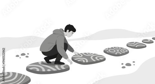 Man Carefully Navigating Stepping Stones On A Path