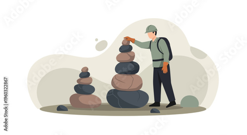 Man Carefully Stacking Balancing Stones With Concentration