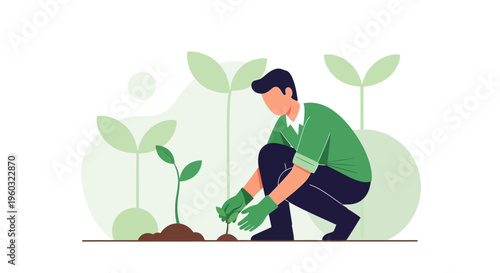 Man Carefully Planting Saplings Promoting Sustainable Green Growth And Nature