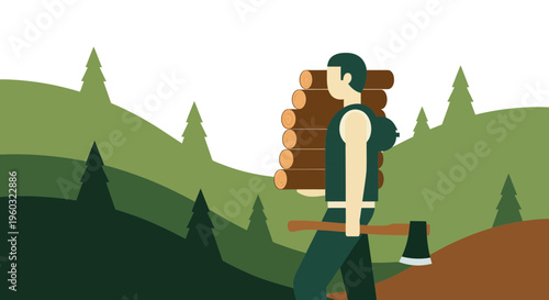 Man Carrying Firewood Through Forest Hills With Axe