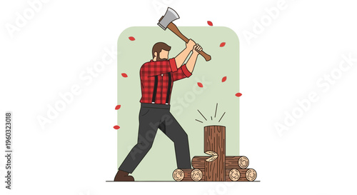 Man Chopping Wood In Forest Scene With Falling Leaves