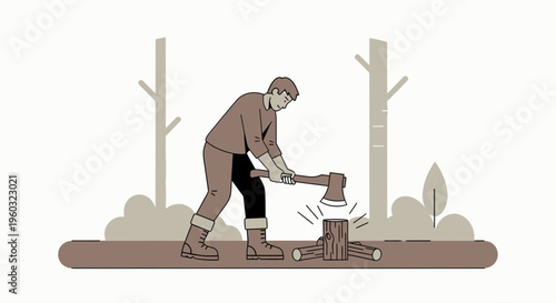 Man Chopping Wood In Forest With Axe Simple Flat Design Illustration