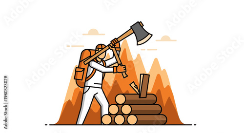 Man Chopping Wood In Mountains With Backpack and Axe Illustration