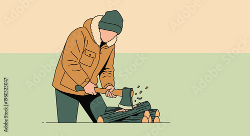 Man Chopping Wood With Axe For Firewood Preparation