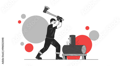 Man Chopping Wood With Axe Energetic Action Illustration
