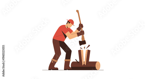 Man Chopping Wood With Axe In A Dynamic Illustration