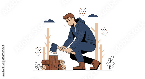 Man Chopping Wood With Axe In A Forest Scene For Outdoor Activities