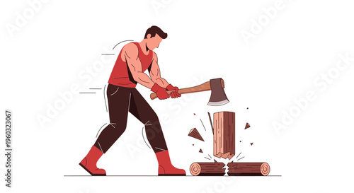 Man Chopping Wood With Axe In Dynamic Flat Illustration Style