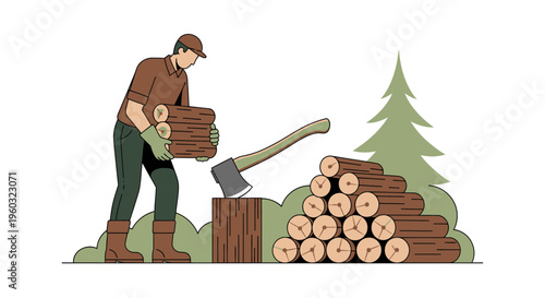 Man Chopping Wood With Axe In Forest Preparing For Winter