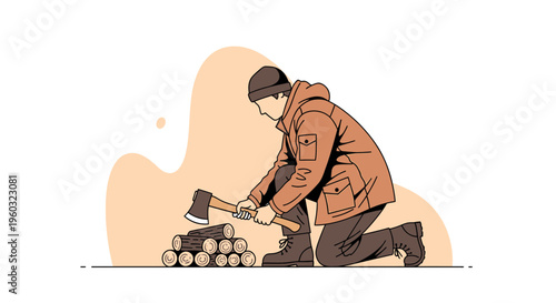 Man Chopping Wood With Axe Minimalist Illustration For Sustainable Living