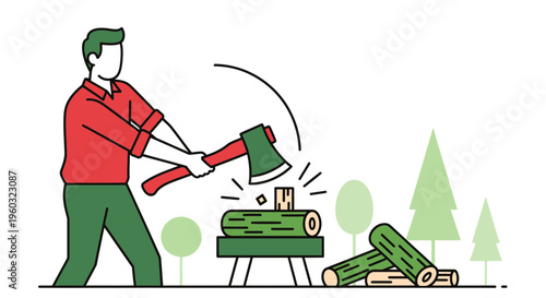 Man Chopping Wood With Axe Outdoor Activity Scene