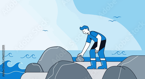 Man Collecting Rocks Beside The Ocean Waves With Birds Flying Above