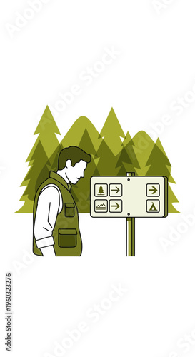 Man Contemplating Outdoor Activity Choices At Forest Trailhead Sign