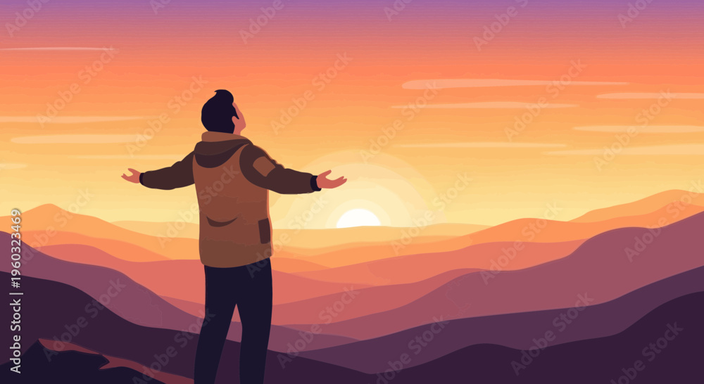 Fototapeta premium Man Embracing Dawn's Radiance Over Serene Mountain Peaks