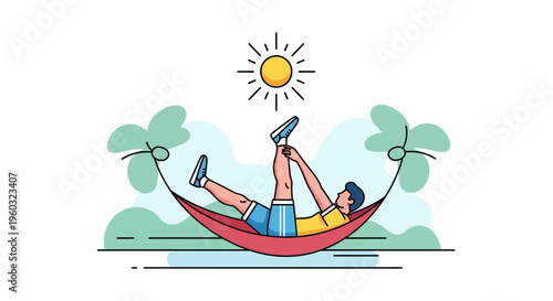 Man Doing Yoga In Hammock Under The Sun And Trees Minimalist Style