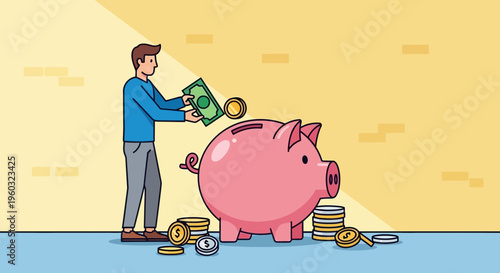 Man Deposits Money Into Piggy Bank Saving For Financial Goals