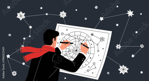 Man Drawing Constellations Connect The Stars On A Celestial Chart