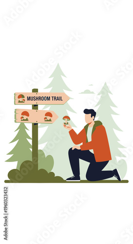 Man Discovering Edible Fungi On A Designated Forest Trail Foraging Adventure