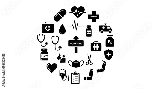 Healthcare Pharmacy Icons Circular Layout Black Glyph Vector Medical Emergency Symbols for Digital and Print Design
